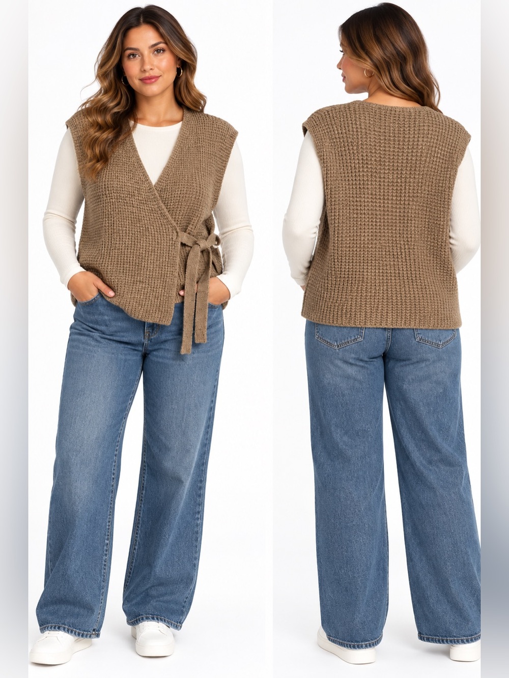 ICHI Beige Brown V-Neck Sweater Vest Size XS/S NWT